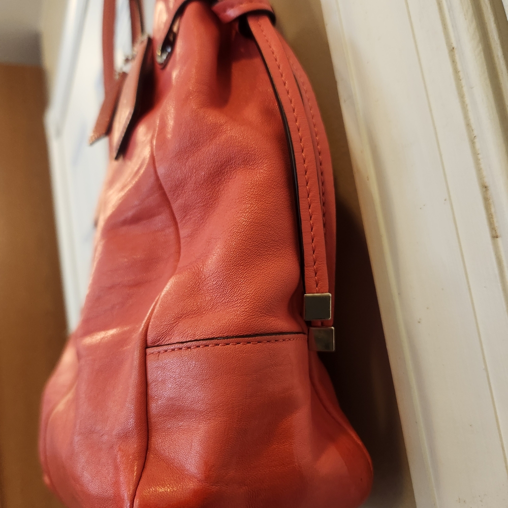 Coach Dark Peach And Light Melon Striped Leather Tote Bag GUC - Picture 5 of 11